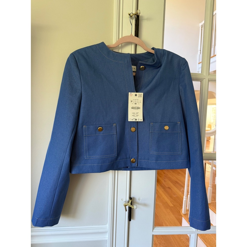Zara Blue Denim Effect Cropped Jacket Gold Button Collarless Coat  MEDIUM
